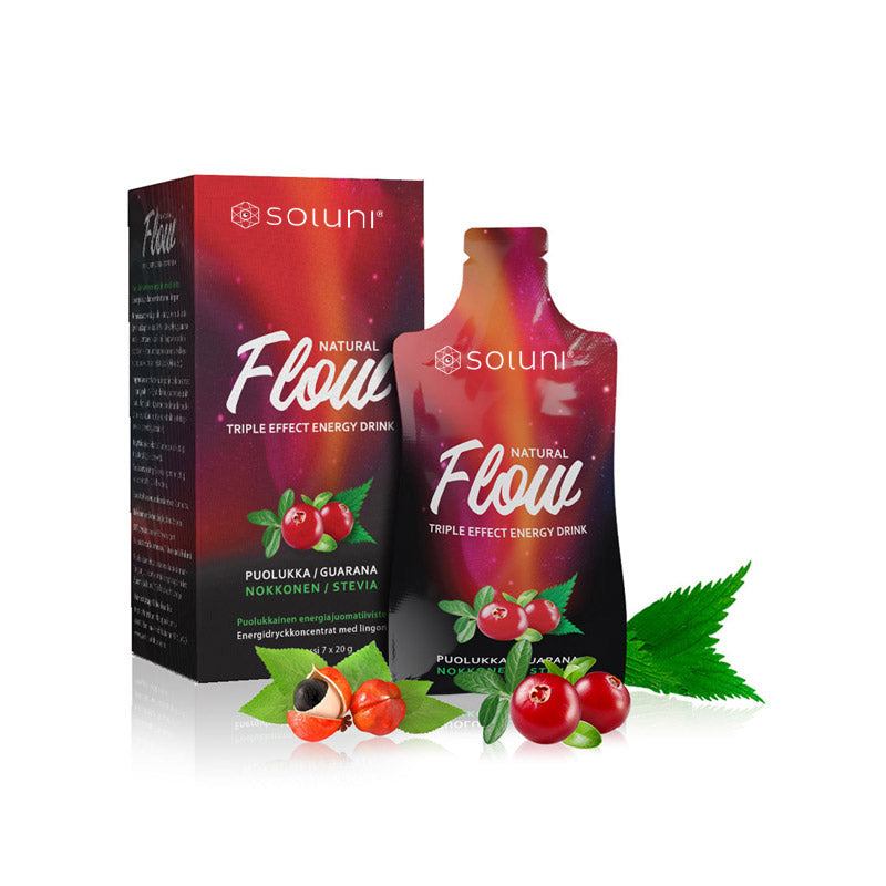 FLOW ENERGIAJUOMA Puolukka 7 × 20 g – Luonnollinen energiajuomatiiviste