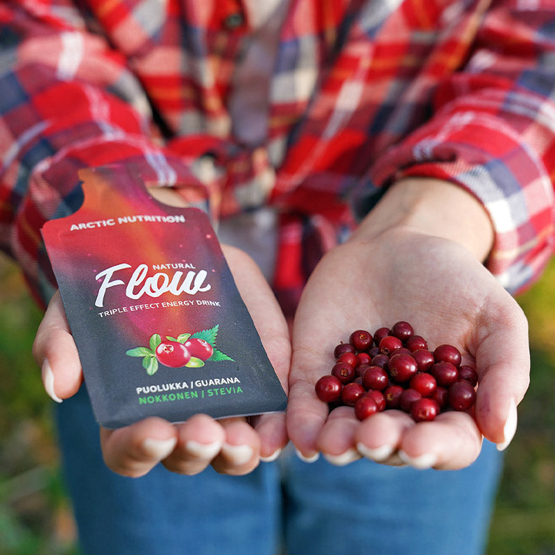FLOW ENERGIAJUOMA Puolukka 7 × 20 g – Luonnollinen energiajuomatiiviste